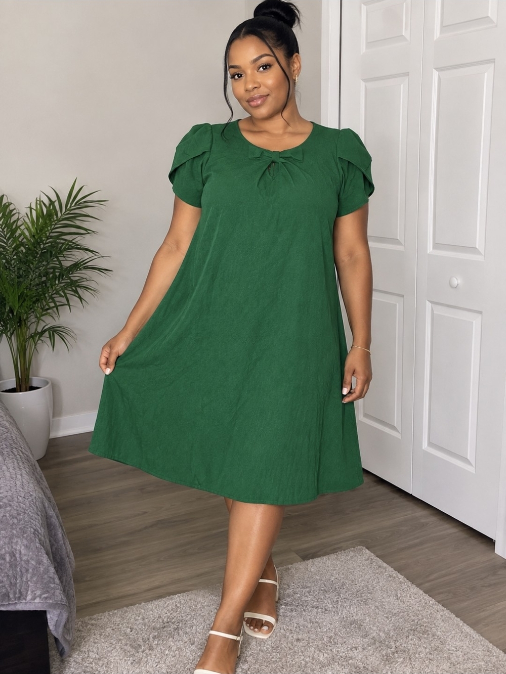 Plus-Size Green Puff Sleeve A-Line Dress with Tie Neck